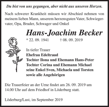 Traueranzeige von Hans-Joachim Becker  von Magdeburger Volksstimme