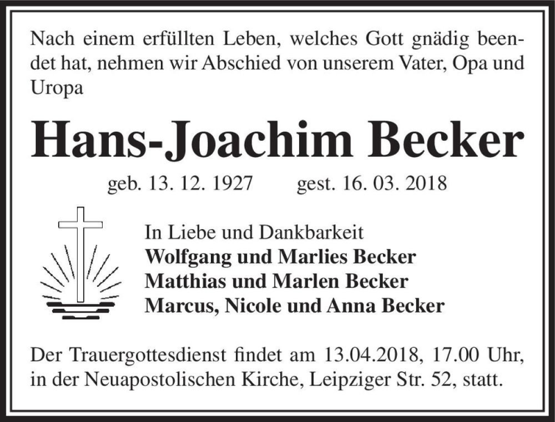  Traueranzeige für Hans-Joachim Becker  vom 31.03.2018 aus Magdeburger Volksstimme