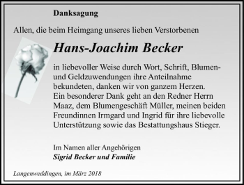 Traueranzeige von Hans-Joachim Becker  von Magdeburger Volksstimme