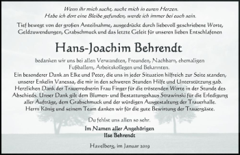 Traueranzeige von Hans-Joachim Behrendt  von Magdeburger Volksstimme