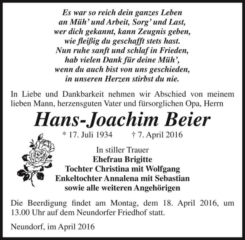  Traueranzeige für Hans-Joachim Beier  vom 09.04.2016 aus Magdeburger Volksstimme