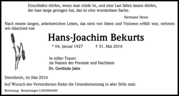 Traueranzeige von Hans-Joachim Bekurts  von Magdeburger Volksstimme