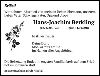 Traueranzeige von Hans-Joachim Berkling  von Magdeburger Volksstimme