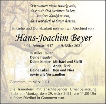 Traueranzeige von Hans-Joachim Beyer  von Magdeburger Volksstimme