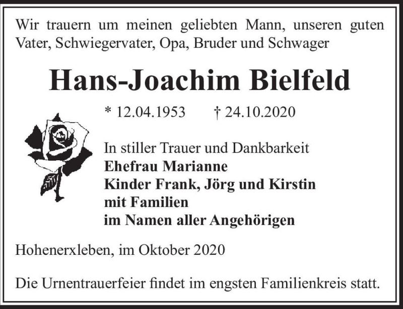  Traueranzeige für Hans-Joachim Bielfeld  vom 30.10.2020 aus Magdeburger Volksstimme