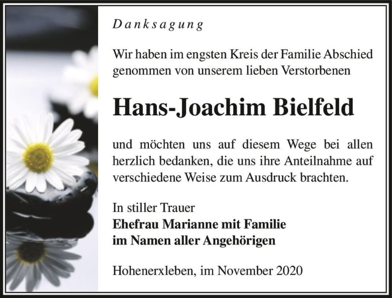  Traueranzeige für Hans-Joachim Bielfeld  vom 14.11.2020 aus Magdeburger Volksstimme