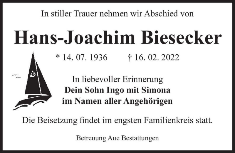  Traueranzeige für Hans-Joachim Biesecker  vom 26.02.2022 aus Magdeburger Volksstimme