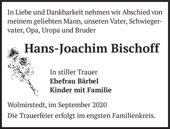 Traueranzeige von Hans-Joachim Bischoff  von Magdeburger Volksstimme