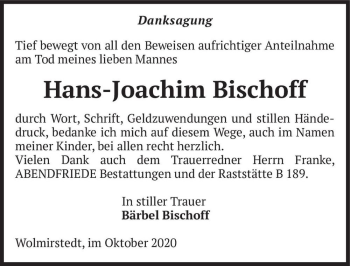 Traueranzeige von Hans-Joachim Bischoff  von Magdeburger Volksstimme