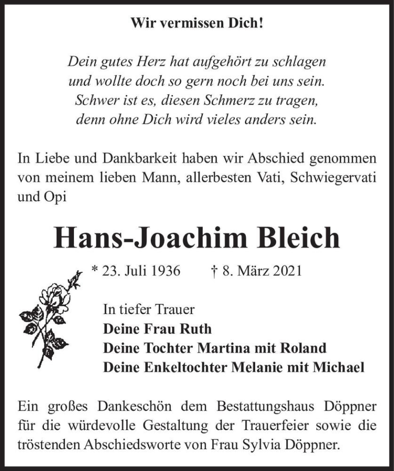  Traueranzeige für Hans-Joachim Bleich  vom 17.04.2021 aus Magdeburger Volksstimme