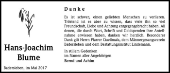 Traueranzeige von Hans-Joachim Blume  von Magdeburger Volksstimme