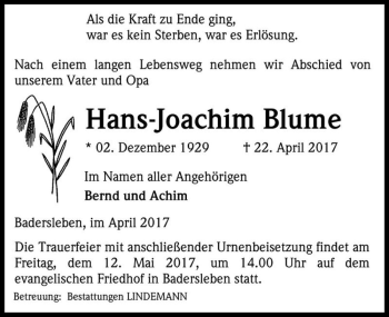 Traueranzeige von Hans-Joachim Blume  von Magdeburger Volksstimme