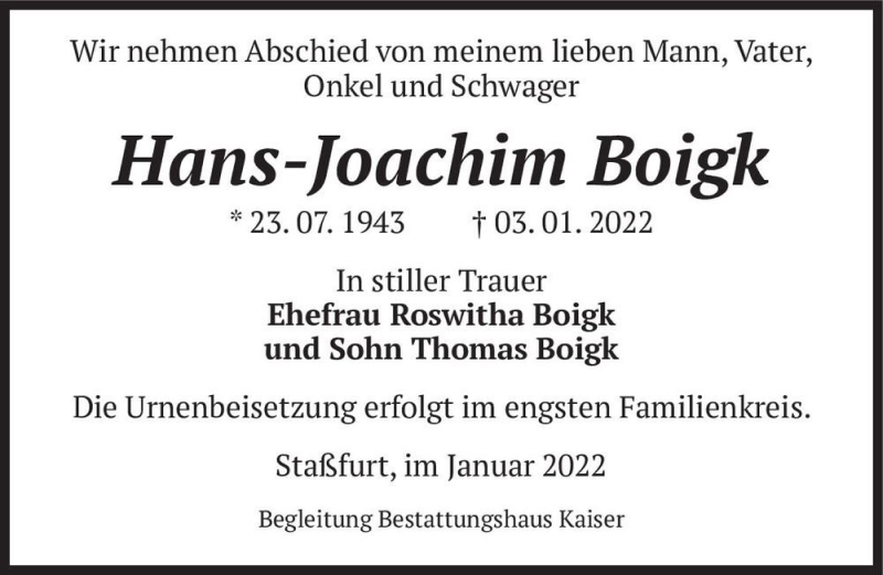  Traueranzeige für Hans-Joachim Boigk  vom 08.01.2022 aus Magdeburger Volksstimme