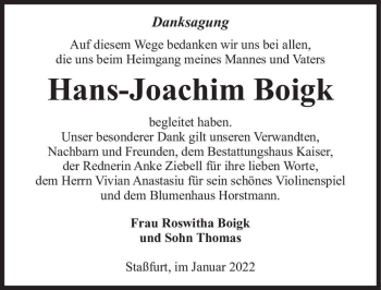 Traueranzeige von Hans-Joachim Boigk  von Magdeburger Volksstimme