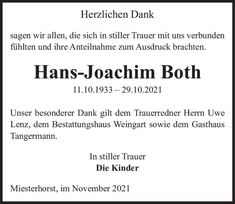  Traueranzeige für Hans-Joachim Both  vom 07.12.2021 aus Magdeburger Volksstimme