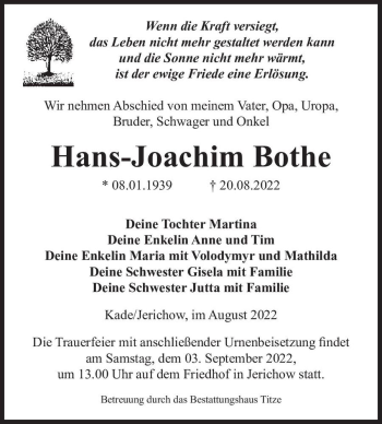 Traueranzeige von Hans-Joachim Bothe  von Magdeburger Volksstimme