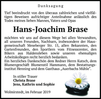 Traueranzeige von Hans-Joachim Brase  von Magdeburger Volksstimme