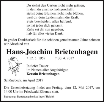 Traueranzeige von Hans-Joachim Brietenhagen  von Magdeburger Volksstimme
