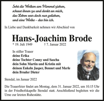 Traueranzeige von Hans-Joachim Brode  von Magdeburger Volksstimme