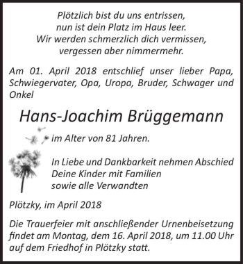 Traueranzeige von Hans-Joachim Brüggemann  von Magdeburger Volksstimme
