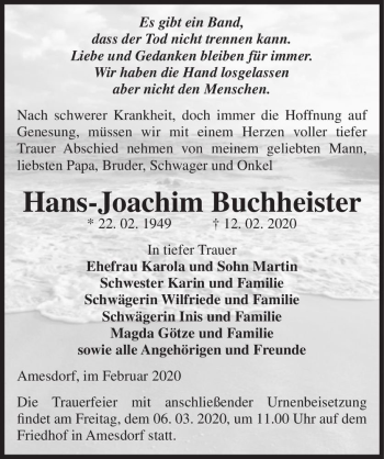 Traueranzeige von Hans-Joachim Buchheister  von Magdeburger Volksstimme