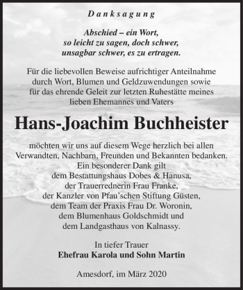 Traueranzeige von Hans-Joachim Buchheister  von Magdeburger Volksstimme