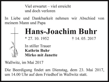Traueranzeige von Hans-Joachim Buhr  von Magdeburger Volksstimme