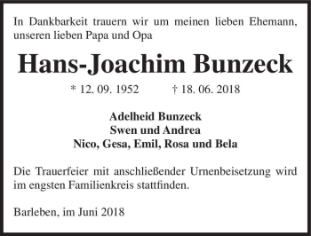 Traueranzeige von Hans-Joachim Bunzeck  von Magdeburger Volksstimme