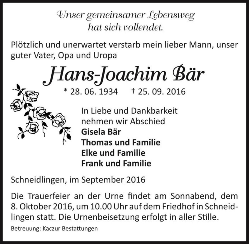  Traueranzeige für Hans-Joachim Bär  vom 01.10.2016 aus Magdeburger Volksstimme