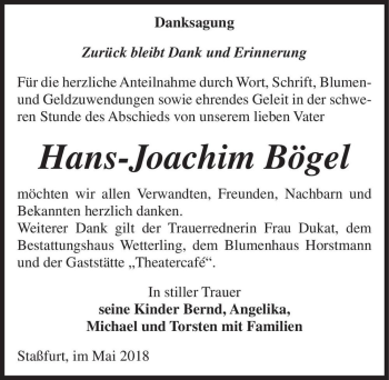 Traueranzeige von Hans-Joachim Bögel  von Magdeburger Volksstimme