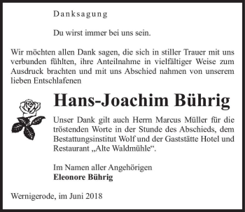 Traueranzeige von Hans-Joachim Bührig  von Magdeburger Volksstimme