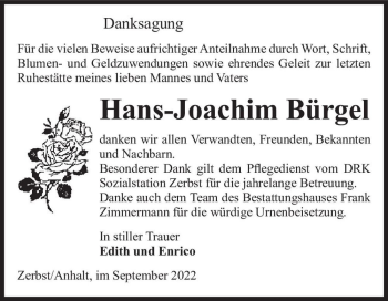 Traueranzeige von Hans-Joachim Bürgel  von Magdeburger Volksstimme