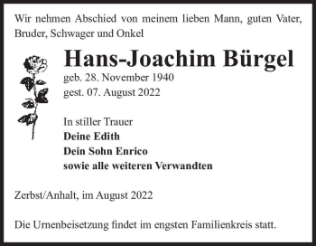 Traueranzeige von Hans-Joachim Bürgel  von Magdeburger Volksstimme