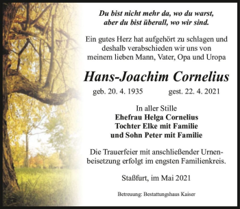 Traueranzeige von Hans-Joachim Cornelius  von Magdeburger Volksstimme