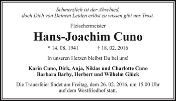 Traueranzeige von Hans-Joachim Cuno  von Magdeburger Volksstimme