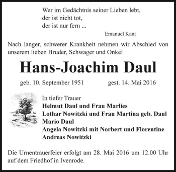 Traueranzeige von Hans-Joachim Daul  von Magdeburger Volksstimme