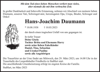 Traueranzeige von Hans-Joachim Daumann  von Magdeburger Volksstimme