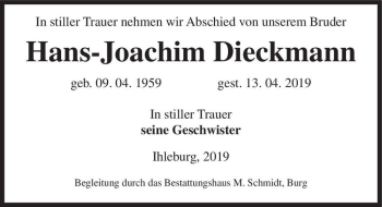 Traueranzeige von Hans-Joachim Dieckmann  von Magdeburger Volksstimme