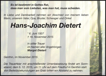 Traueranzeige von Hans-Joachim Dietert  von Magdeburger Volksstimme