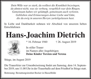 Traueranzeige von Hans-Joachim Dietrich  von Magdeburger Volksstimme