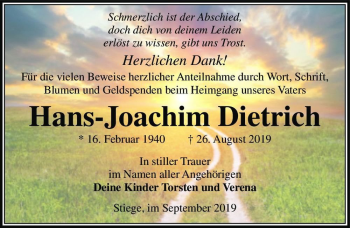 Traueranzeige von Hans-Joachim Dietrich  von Magdeburger Volksstimme