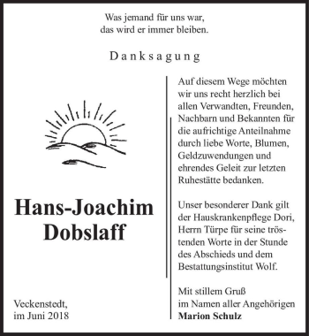 Traueranzeige von Hans-Joachim Dobslaff  von Magdeburger Volksstimme