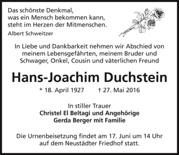 Traueranzeige von Hans-Joachim Duchstein  von Magdeburger Volksstimme