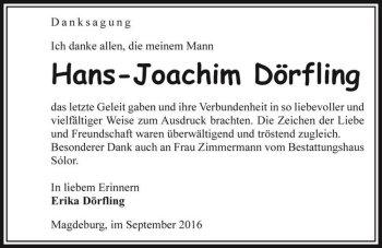 Traueranzeige von Hans-Joachim Dörfling  von Magdeburger Volksstimme