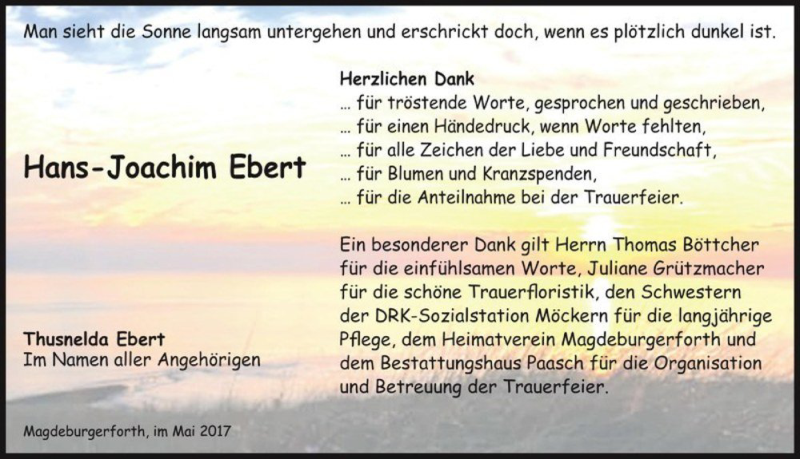  Traueranzeige für Hans-Joachim Ebert  vom 06.05.2017 aus Magdeburger Volksstimme