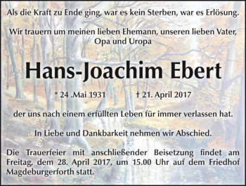 Traueranzeige von Hans-Joachim Ebert  von Magdeburger Volksstimme