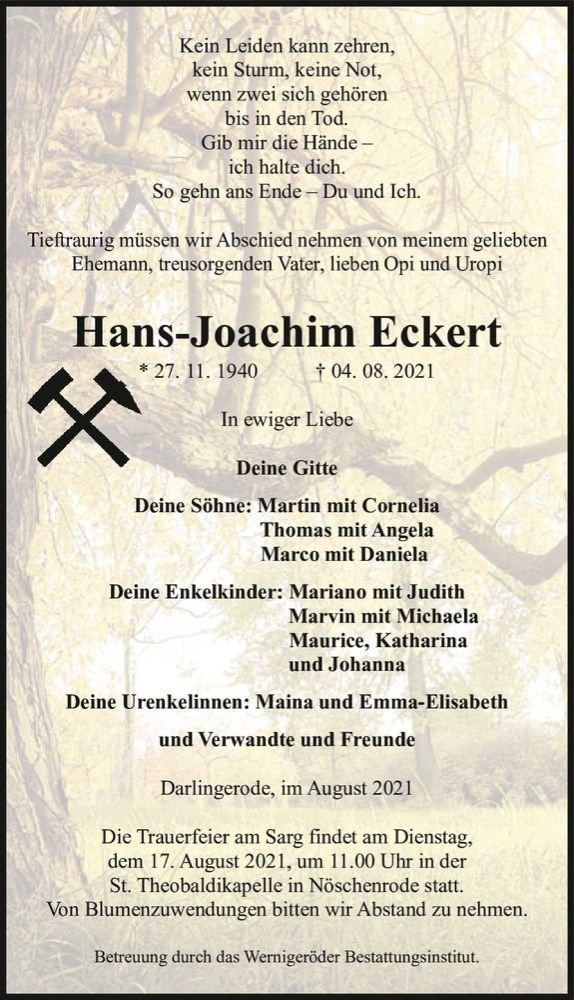  Traueranzeige für Hans-Joachim Eckert  vom 13.08.2021 aus Magdeburger Volksstimme