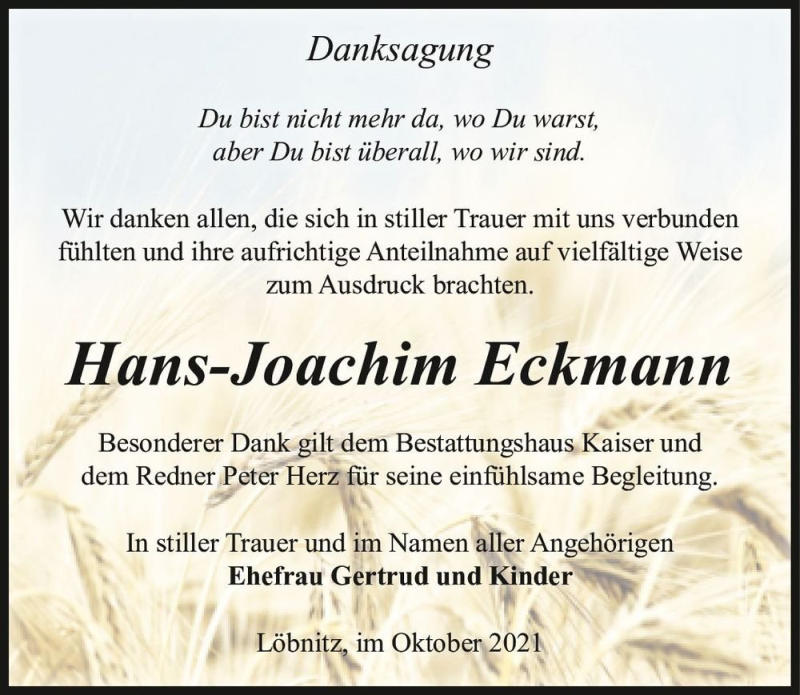  Traueranzeige für Hans-Joachim Eckmann  vom 02.10.2021 aus Magdeburger Volksstimme