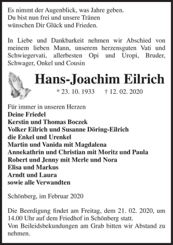 Traueranzeige von Hans-Joachim Eilrich  von Magdeburger Volksstimme