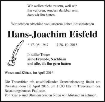 Traueranzeige von Hans-Joachim Eisfeld  von Magdeburger Volksstimme